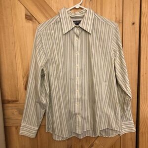 Lands' End Womens Striped Button Down Shirt - Green and White Size 16 W